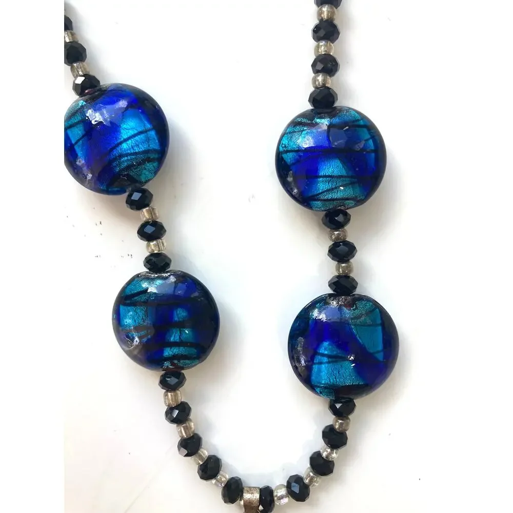 Artisan Handcrafted Art Glass Blue Gold Beaded Necklace Pendant Earring Set
